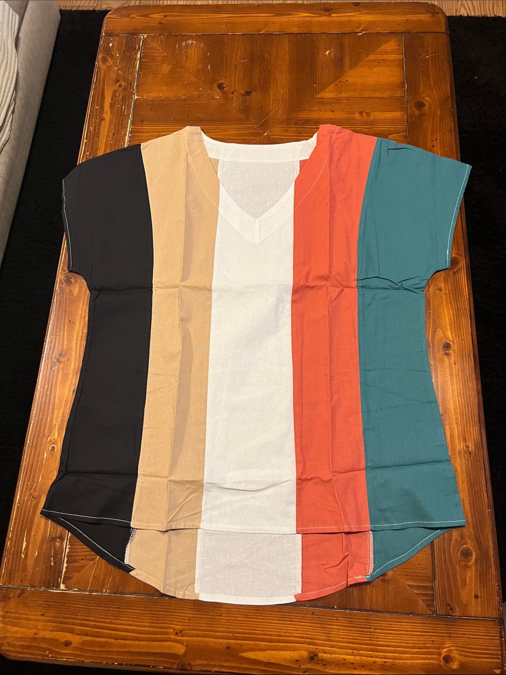 Striped V-Neck Colorblock Women’s Top - Black, Tan, White, Rust & Teal